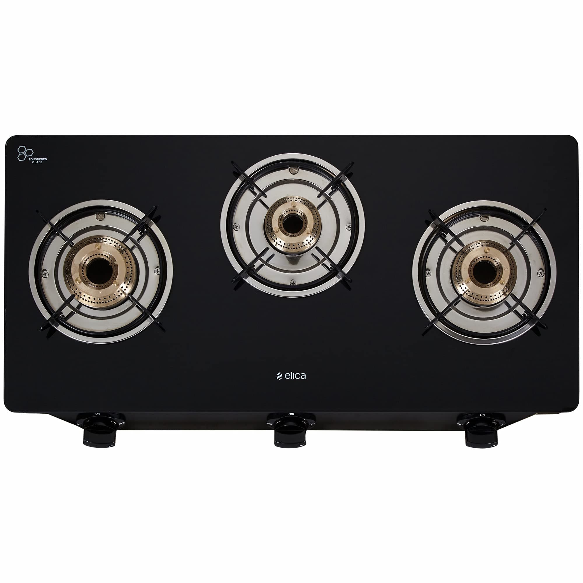 Elica Vetro 3 Burner Gas Stove | Includes Jumbo, Large & Small Burners | Toughened Glass | Manual Ignition | CT Vetro 370 J | Black