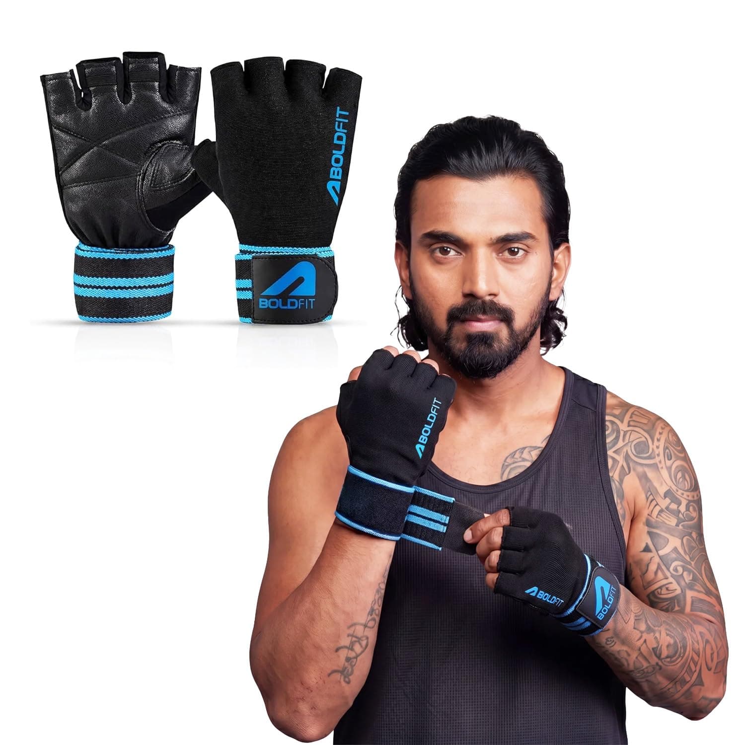 Boldfit Gym Gloves for Men Workout Unisex Hand Gloves for Gym for Men & Women with Wrist Support for Weightlifting, Workout Comfortable Fit Bike Riding, Cycling Handgloves - Irongrip Black Blue L