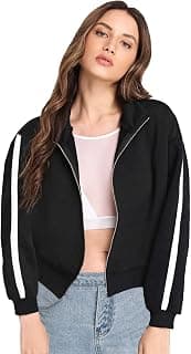 Fabricorn Women's Fleece Collared Neck Sweatshirt (Ss03_Blk_Slv1Whtstripe_M_Black_M)