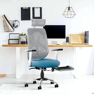 CELLBELL C190 Berlin FT Ergonomic Office Chair with Footrest High Back Mesh, Adjustable Armrest, Synchro Mechanism, Reclining Computer Chair, 3-Year Limited Brand Warranty (White & Blue)
