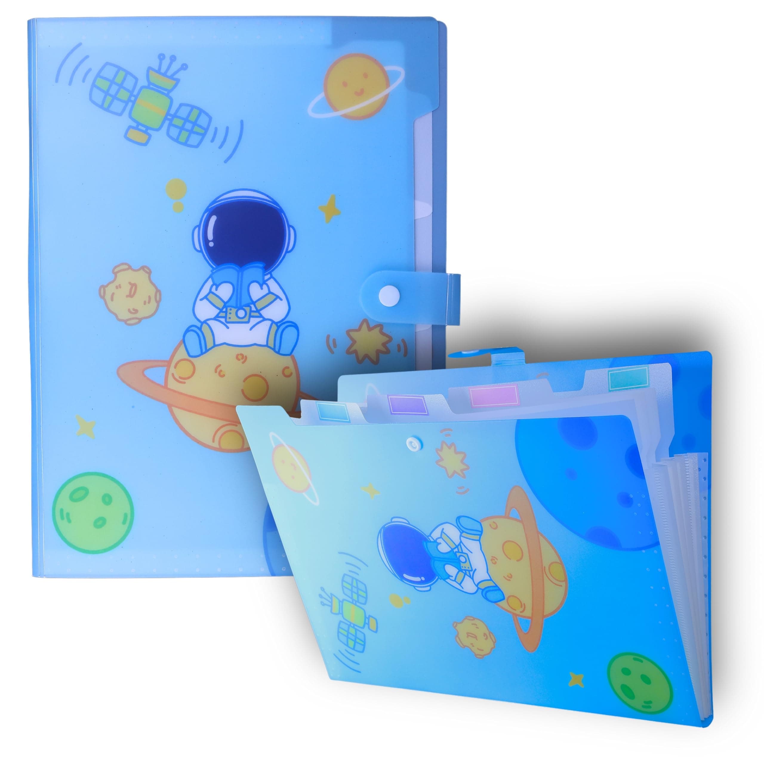 SPS A4 Expanding File Folder | Space Theme | 5 Pockets | Snap Button Closure | Fits A4 & Letter Size | Fun & Kid-Friendly - Blue