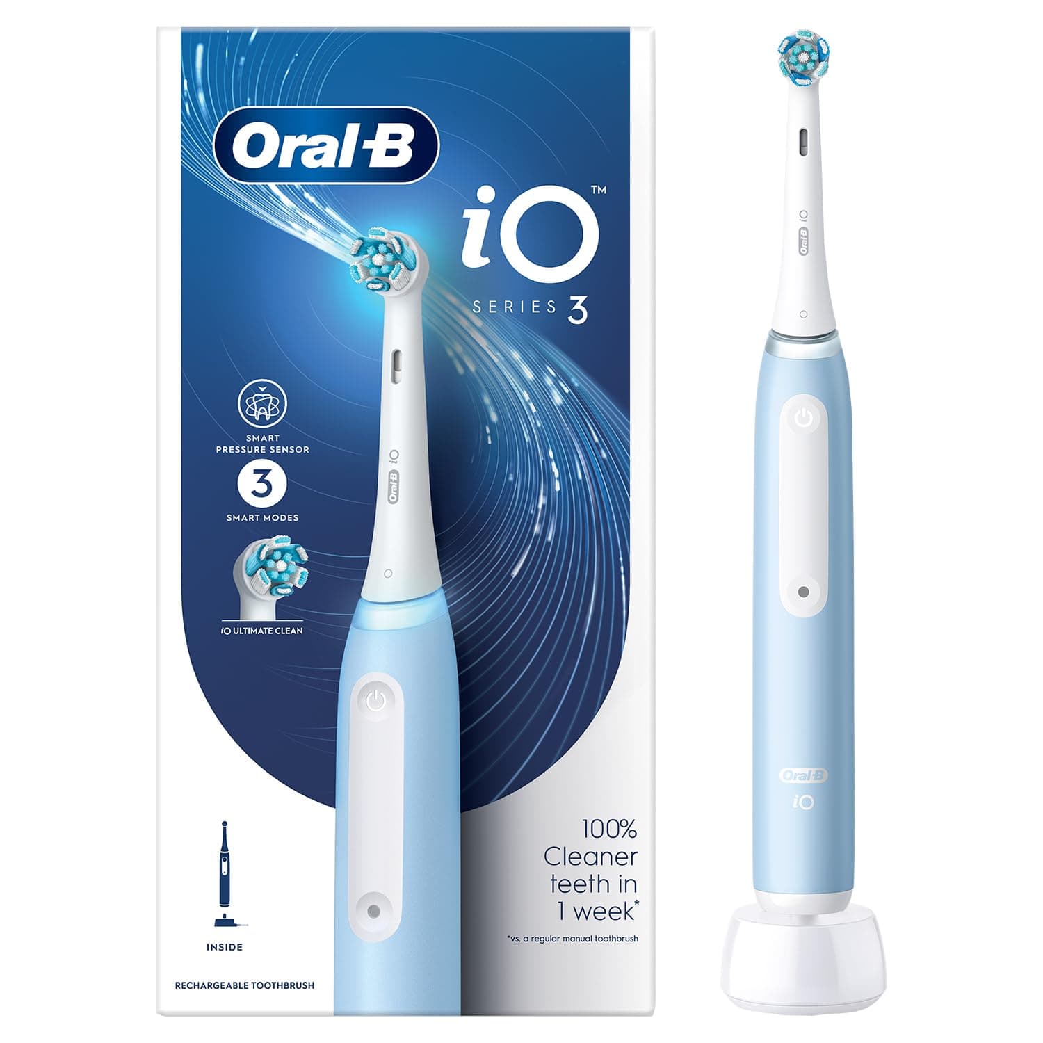 Oral-B iO3 Ultimate Electric Toothbrush, 3 Smart Modes, Pressure Sensor,2 Year Warranty by Oral B, IPX7 Waterproof, Round Brush Head (Ice Blue), Adult