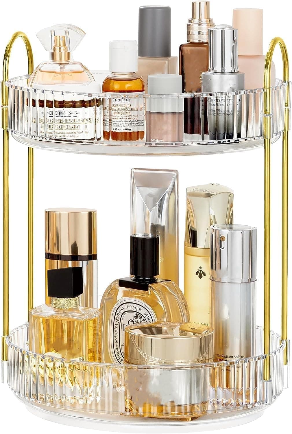 INOVERA (LABEL) 360° Rotation Makeup Organizer for Women, Girls & Bride - Dressing Table Cosmetic Storage Case - Bathroom Vanity Skincare Holder Organiser (2 Tier, Transparent)