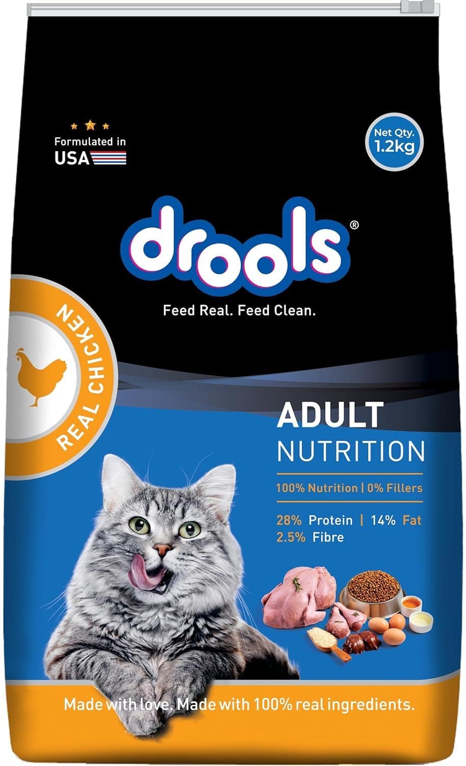 Drools Adult Dry Cat Food 1.2kg Pack | Real Chicken Flavour |Taurine that Helps Maintain a Healthy Heart | Healthy Skin & Beautiful Coat | Complete Nutrition | Digestive Health | Healthy Growth