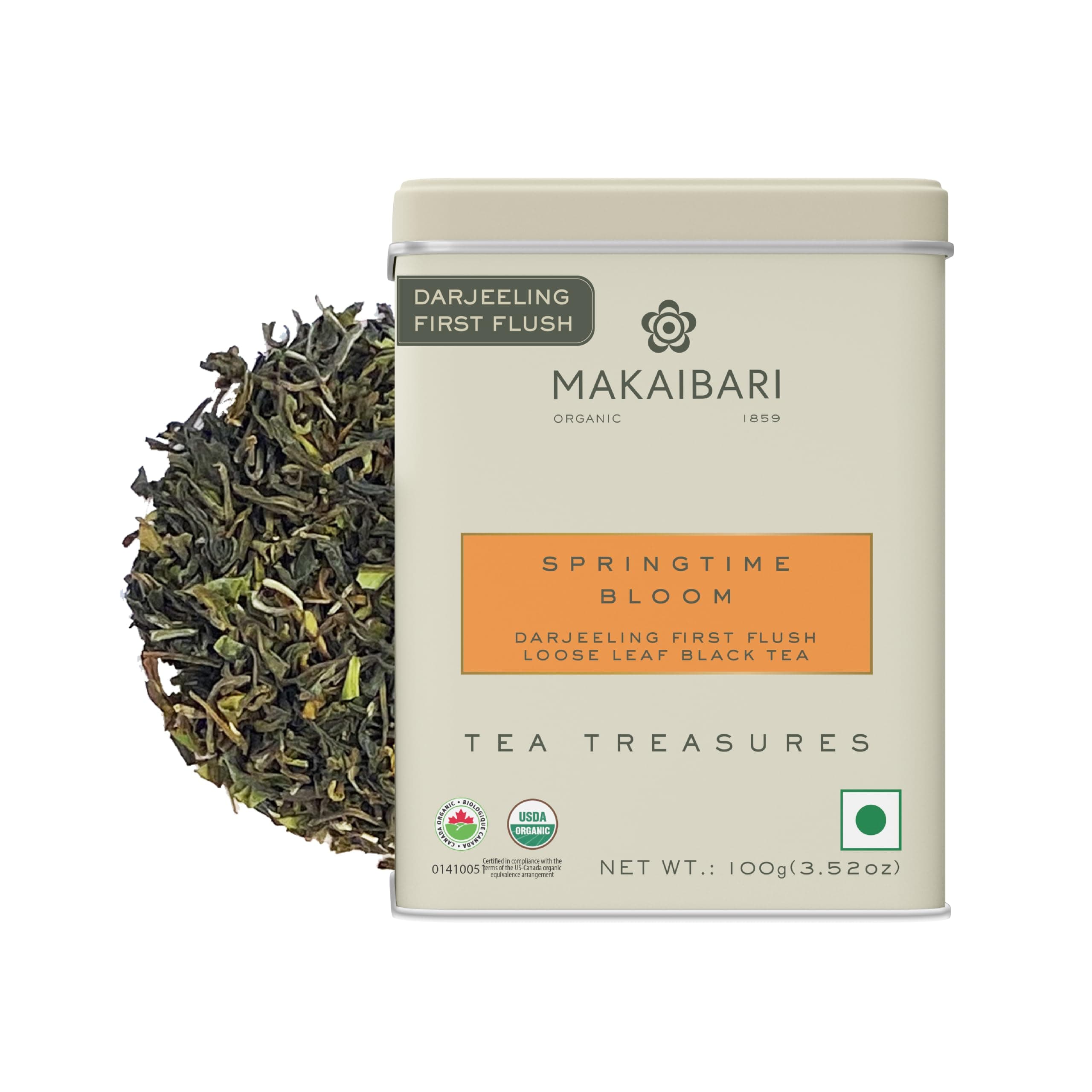 Makaibari Spring Time Bloom Organic Darjeeling First Flush Loose Leaf Tea | 100g Tin Caddy | Single Estate Whole Leaf Chai | Fresh Floral Aroma & Delicate Flavor