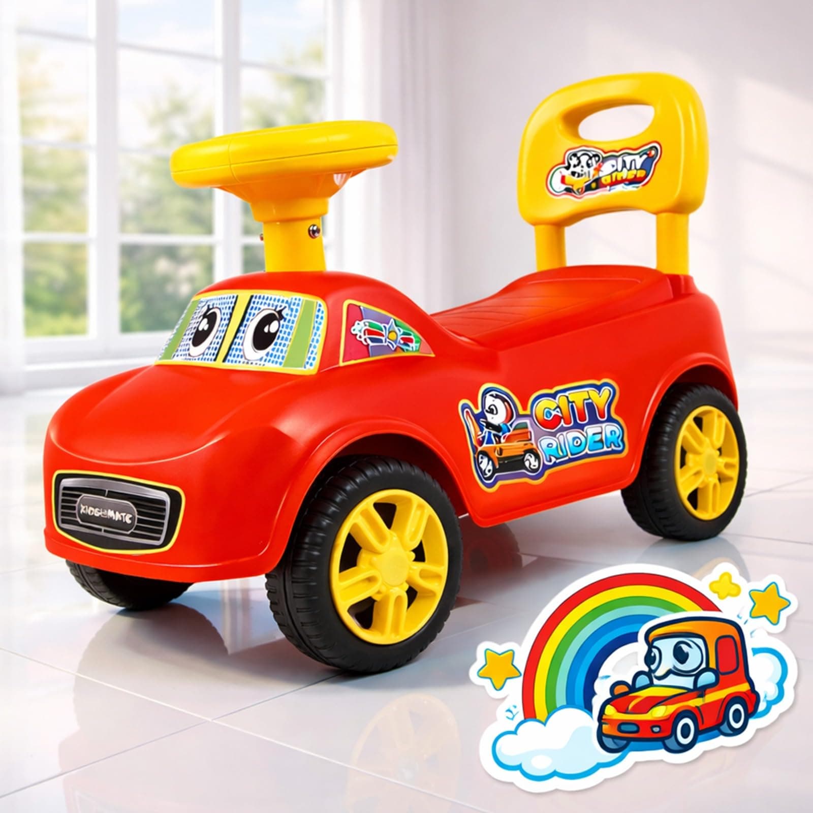 Kidsmate City Rider Baby Ride-On Push Car for Kids | Fun & Safe Ride Baby Car with Steering Wheel & Comfortable Backrest | Perfect for Indoor & Outdoor Fun for Toddlers 1.5+ Years - Red/Yellow