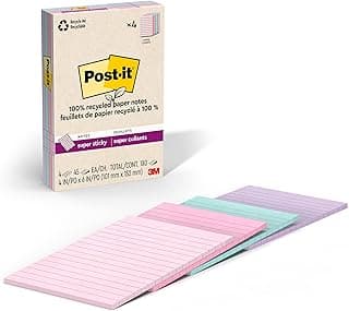 Post-It 100% Recycled Paper Super Sticky Notes, 2X The Sticking Power, 4x6 in, Lined, 4 Pads/Pack, 45 Sheets/Pad, Wanderlust Pastels Collection (4621R-4SSNRP)