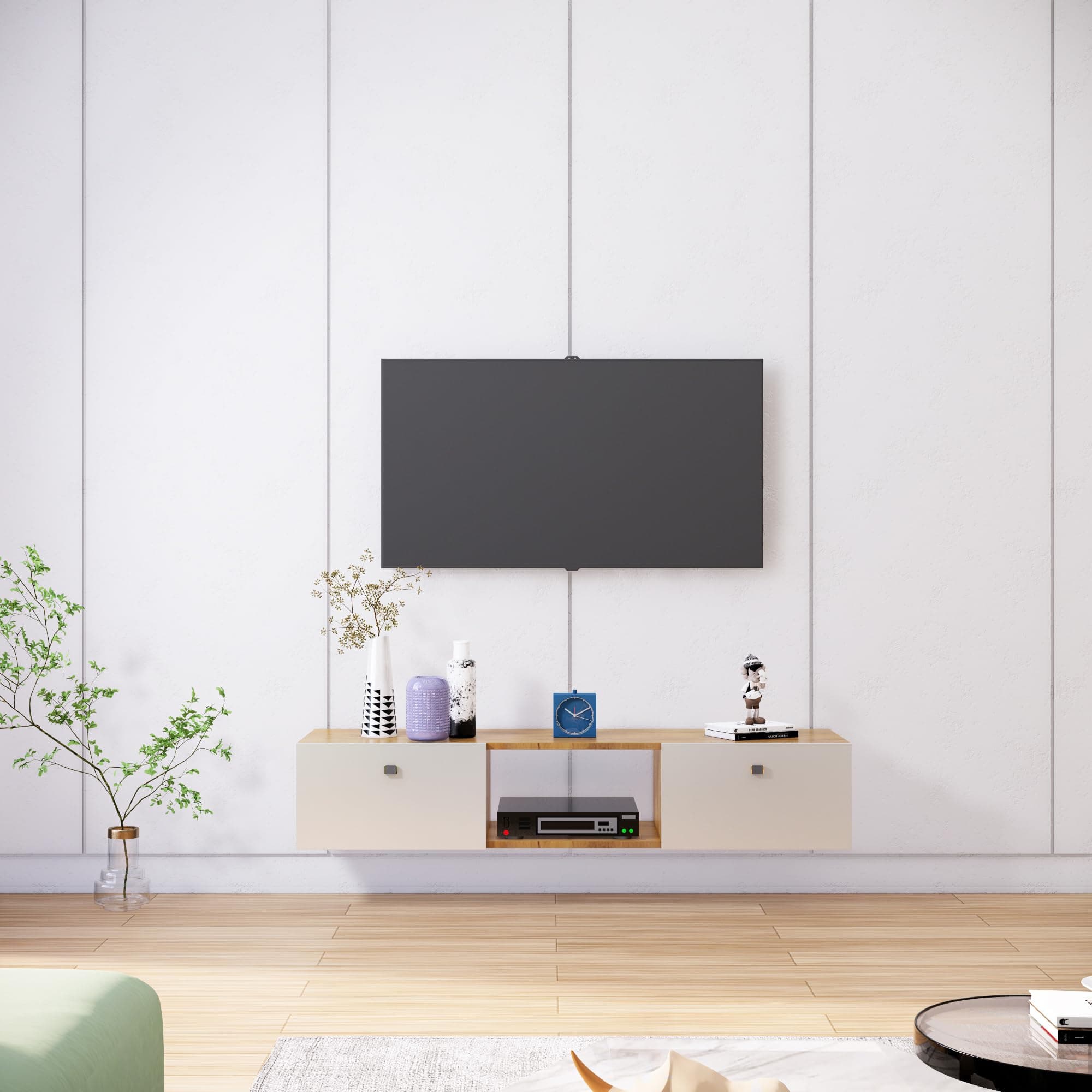 Bniture TV Unit for Living Room 30 to 65 Inch, Engineered Wood TV Unit Wall Mounted Unit 2 Drawer & Shelves with Set Top Box Stand Storage for Books & Décor for Bedroom (Giant Wood & Frosty White)