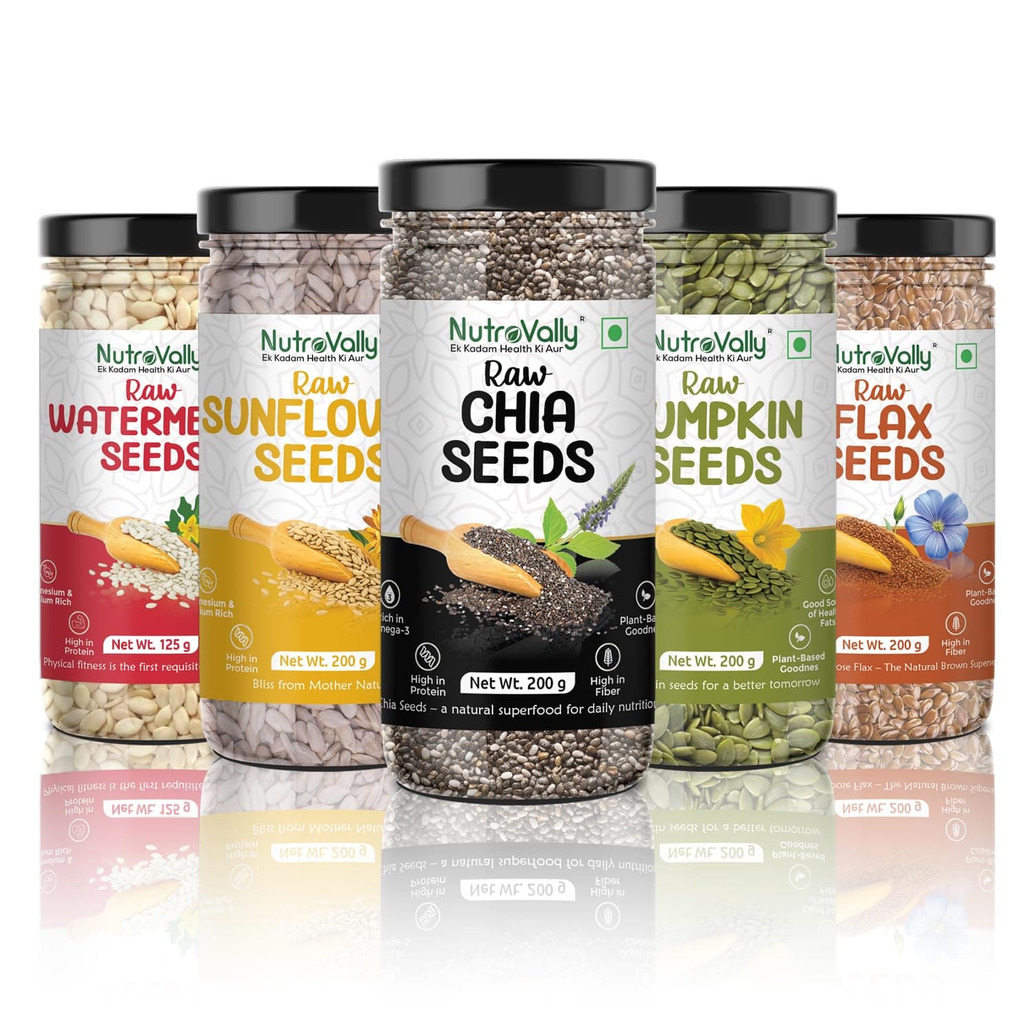 NutroVally 5-in-1 Super Seeds Combo 925g | Chia, Flax, Pumpkin & Sunflower Seeds 200g + Watermelon 125g | Rich in Omega-3 | High Fiber & Protein | Healthy Seed Mix for Daily Nutrition