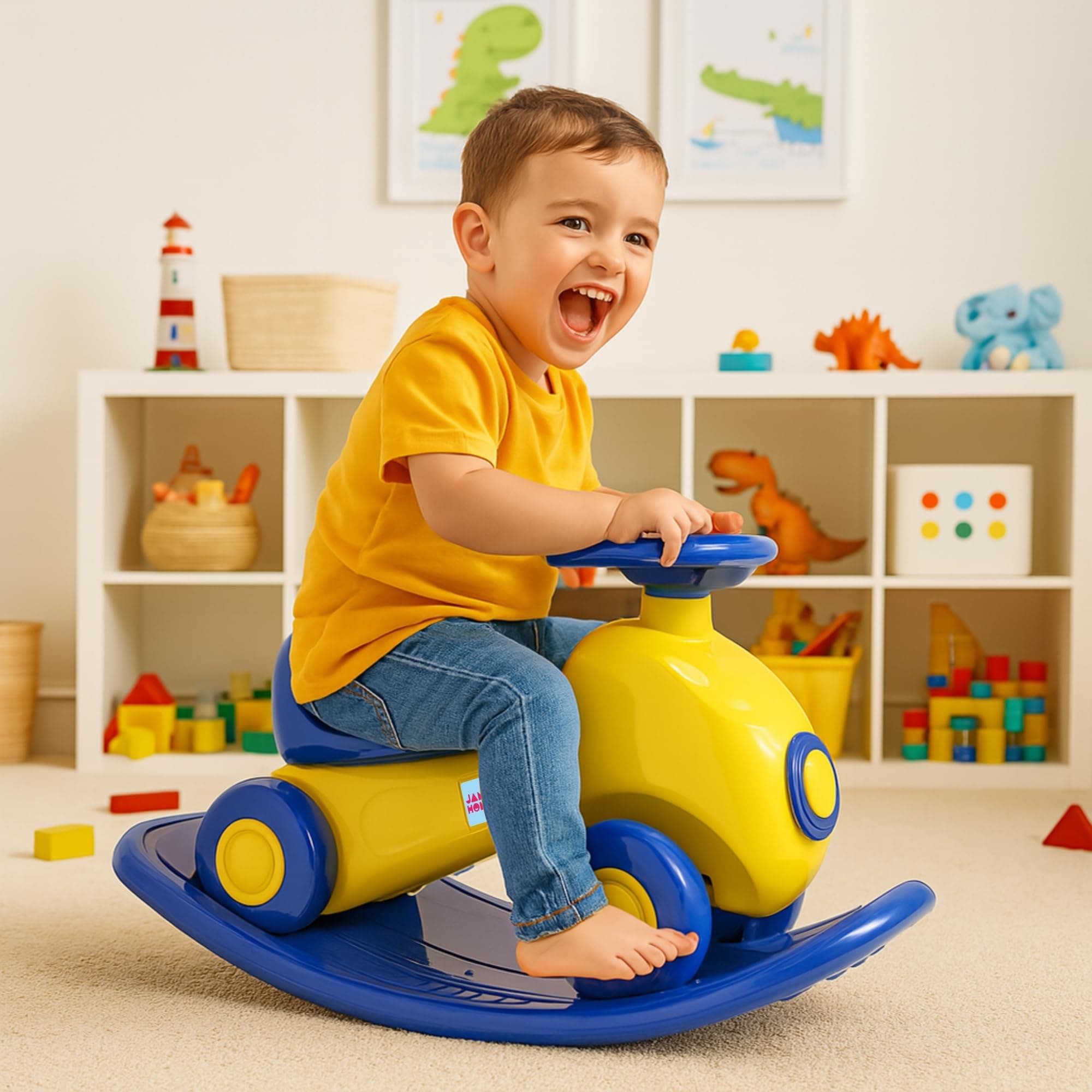 Amazon Brand - Jam & Honey 3-in-1 Ride-On Rocker for Kids | Rocker & Ride-On Toy | Balance Board | Smooth Rounded Edges | Steering Wheel| Indoor Toy | for 18+ Months (Yellow & Blue)