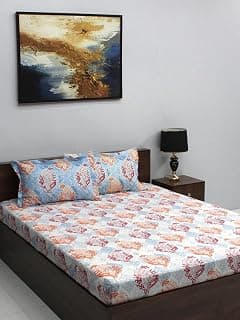Bombay Dyeing 100% Cotton Queen Size Bedsheet for Double Bed, 1 Bed Sheet (88 X 94 Inches) With 2 Pillow Covers | 110 TC (Ivyrose) - Orange