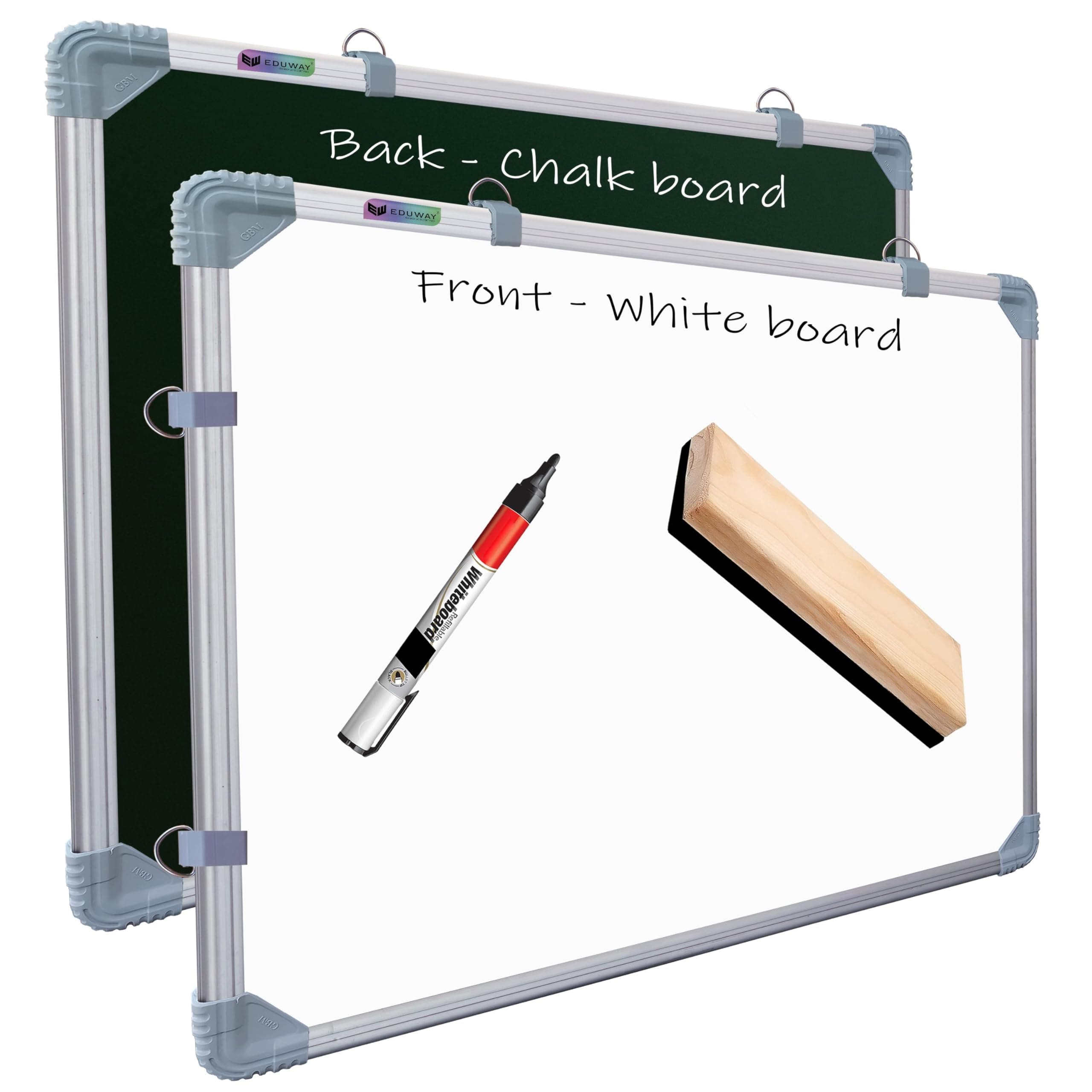 Eduway 2x3 Feet Kunj Non-Magnetic Double-Sided White Board and Chalk Board Combo with 1 Marker and 1 Duster | Ideal Use for Home, Office, with Sliding Hanging Clips, Robust Aluminum Frame (89x59 Cms)