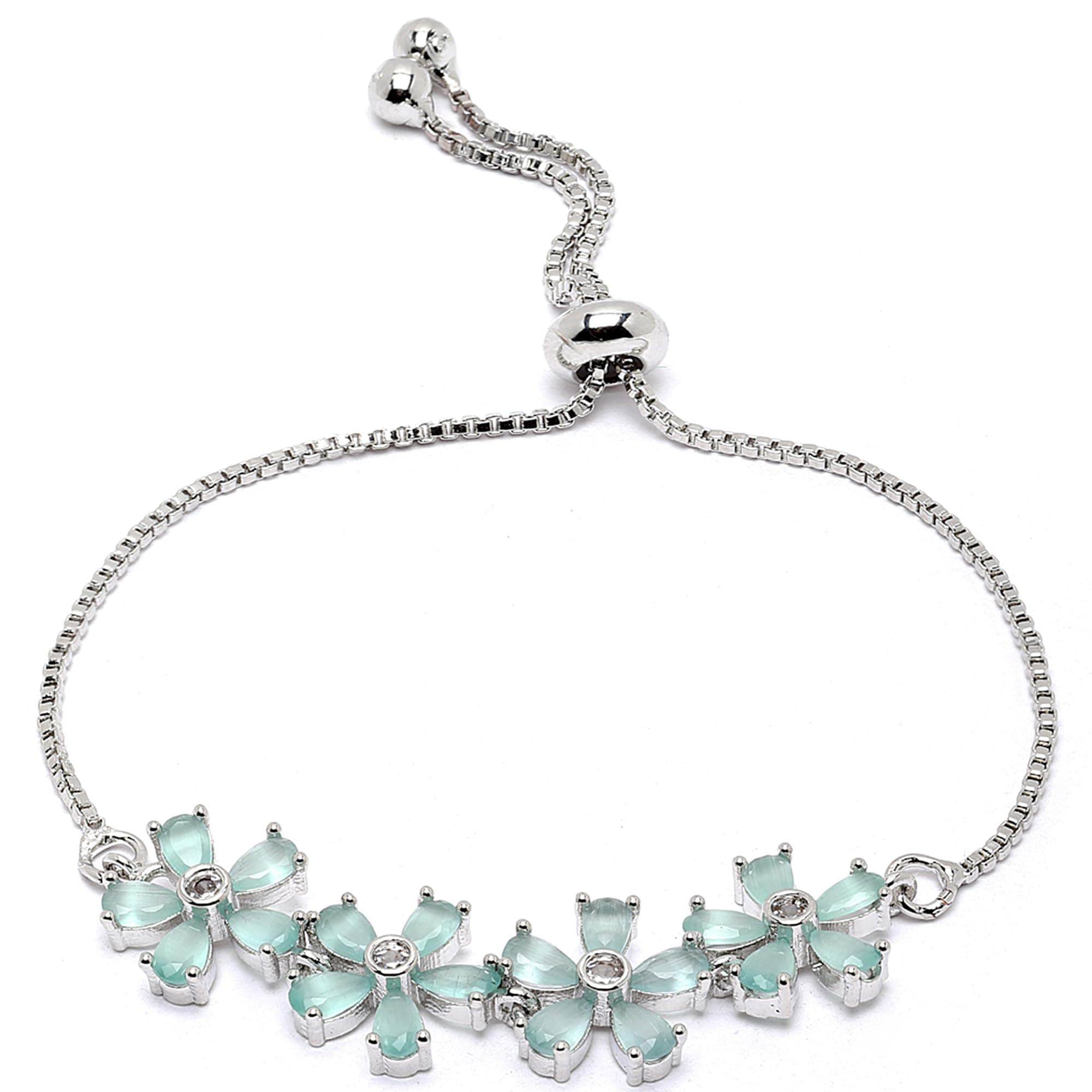 ZENEME Rhodium-Plated Silver Toned American Diamond studded Floral Shaped Link Bracelet Jewellery for Girls and Women