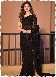 AKHILAM Women's Heavy Georgette Sequence Work Saree With Unstitched Blouse Piece