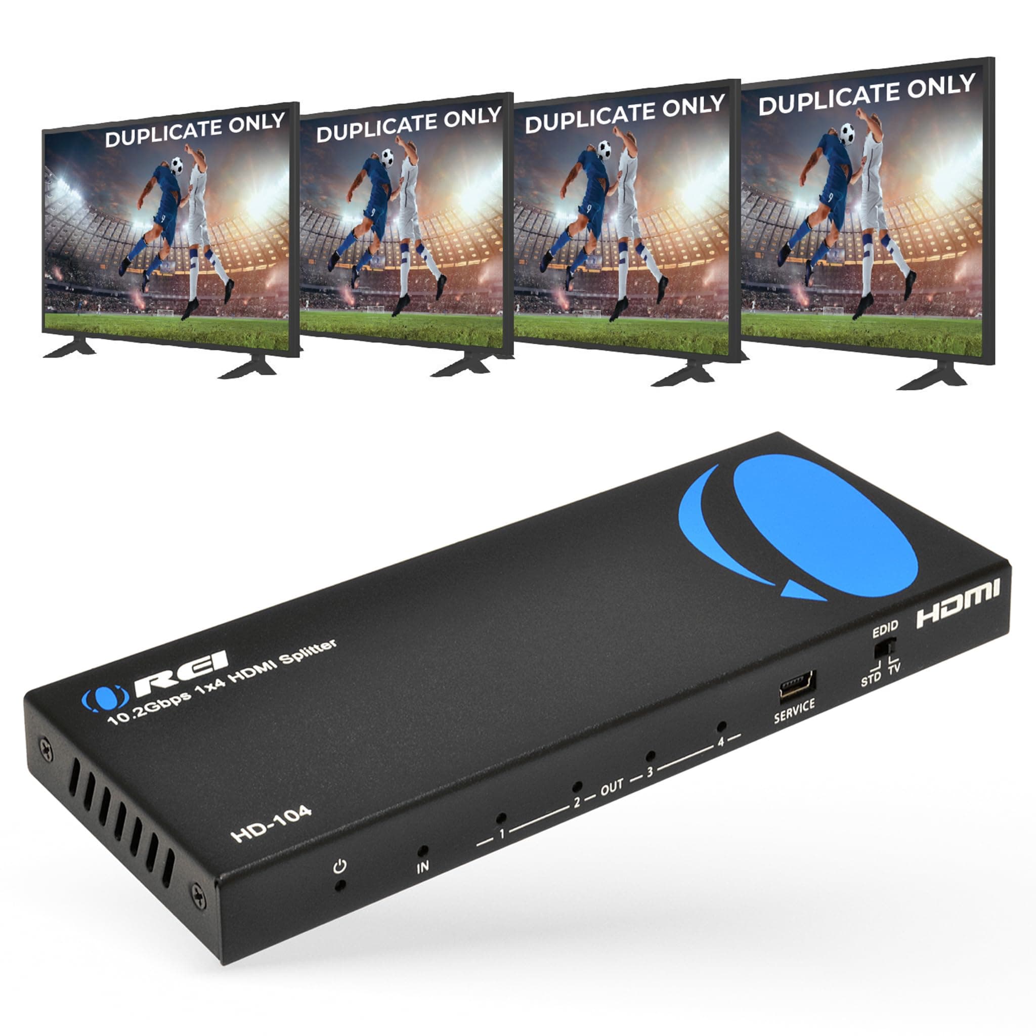 OREI HDMI Splitter 1 in 4 Out with Resolutions up to 4K @ 30Hz HDMI 1.4 & HDCP 1.4 Compliant, EDID Management, 3D Support, and Easy Plug and Play Installation, Does not Extend/Mirror Only (HD-104)