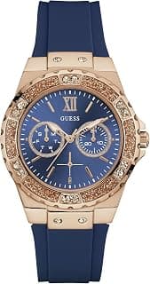 GUESS Women Rose Gold-Tone Stainles Steel + Iconic Blue Dial Stain Resistant Silicone Analog Watch with Day + Date Functions. Color: Blue Dial (Model: U1053L1), Blue Band