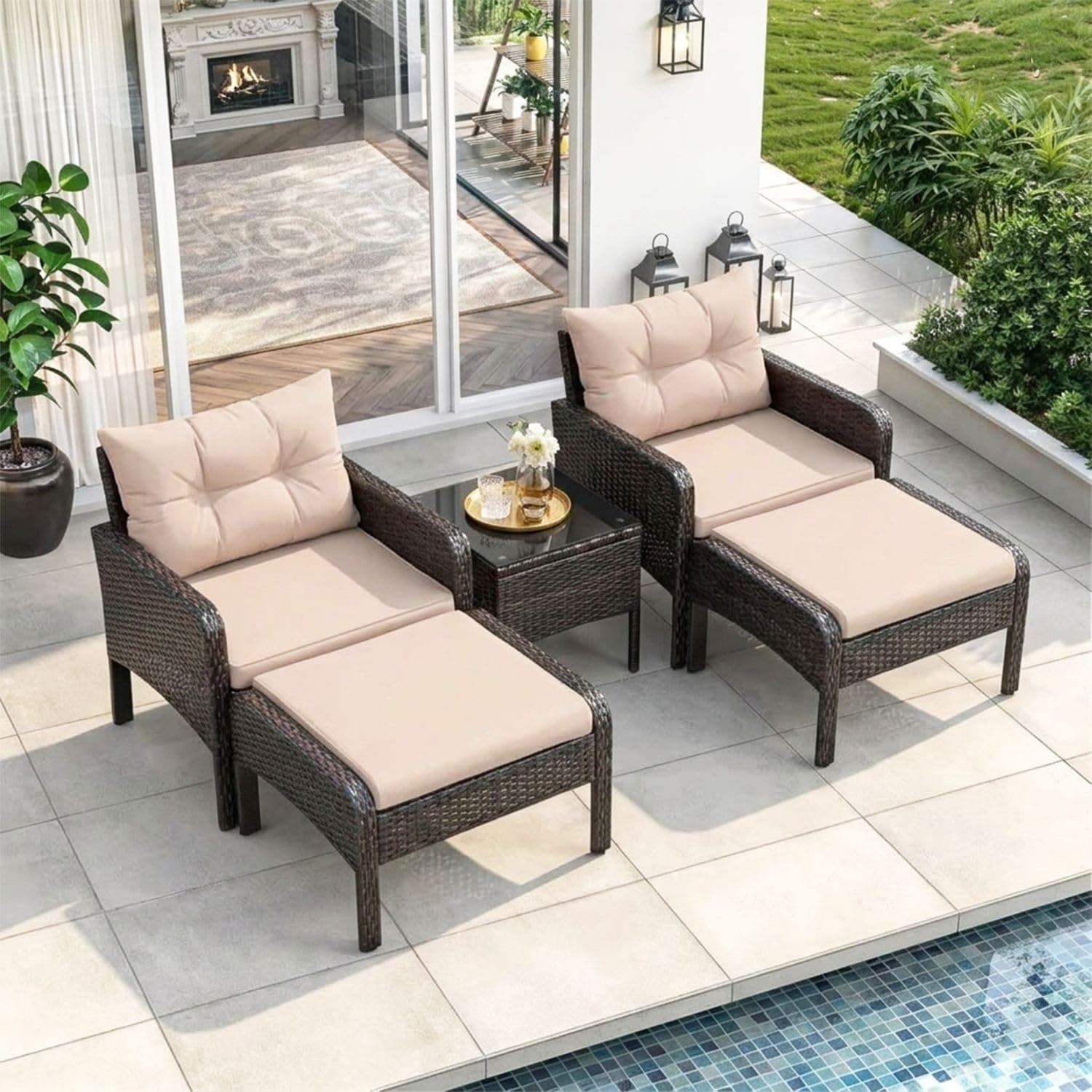 DEVOKO 5 Pieces Wicker Conversation Bistro Set, Indoor Outdoor Patio Rattan Furniture Sets for Garden, Balcony, Backyard, Porch, Lawn (Dark Brown and Cream)