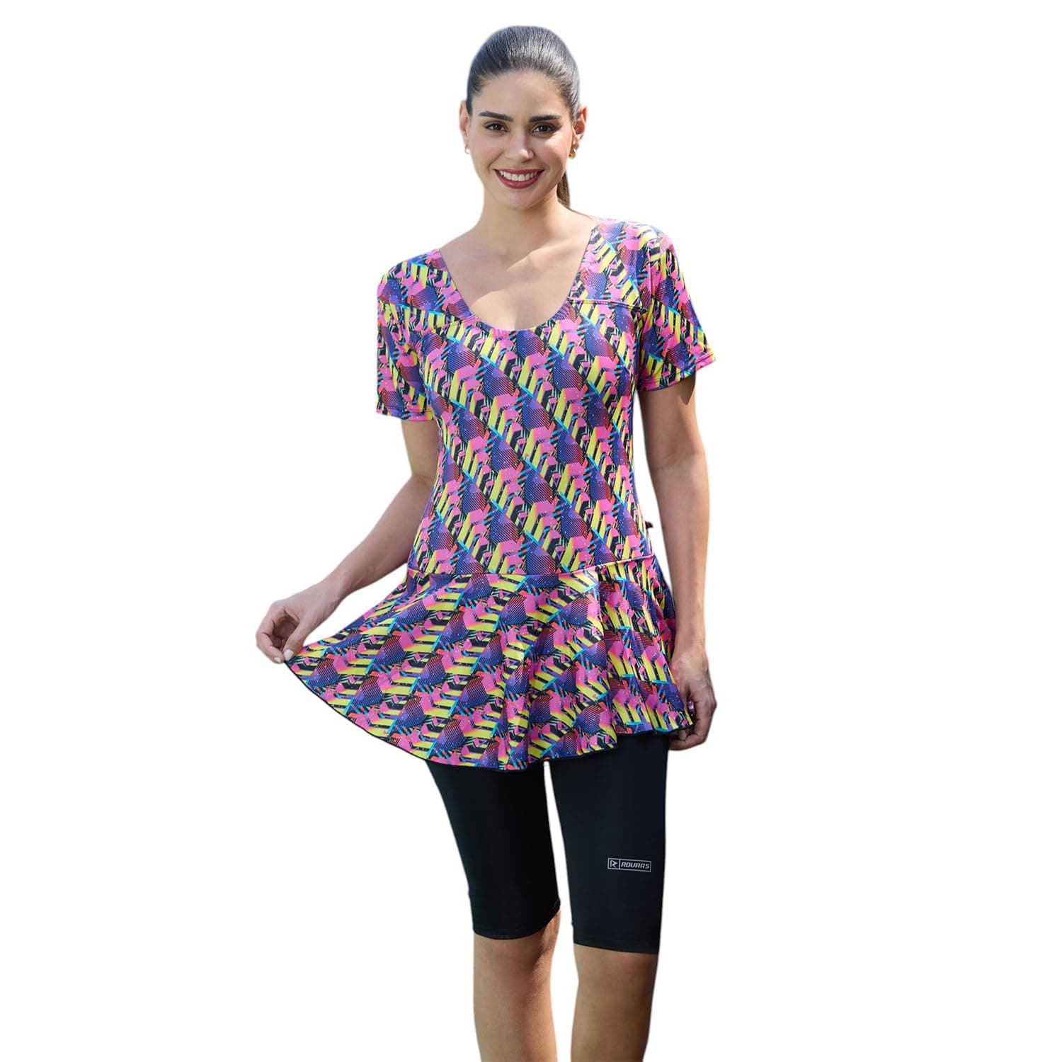 ROVARS Poly Jersy - Printed Swimming Costume for Women Frock Style [Half Sleeves - Half Length - Without Pads]