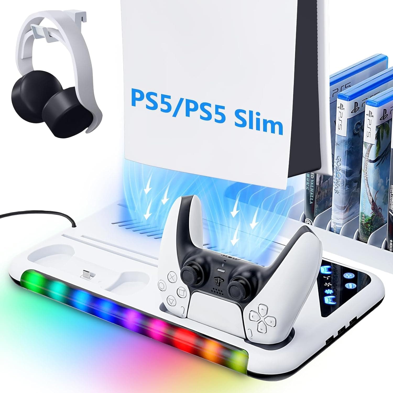 New World Cooling Stand with Controller Charging Station for PS5/PS5 Slim Console , 3-Level Cooling Fan, RGB Light, Headset Holder , For PS5 Slim /PS5 Fat Cooling stand