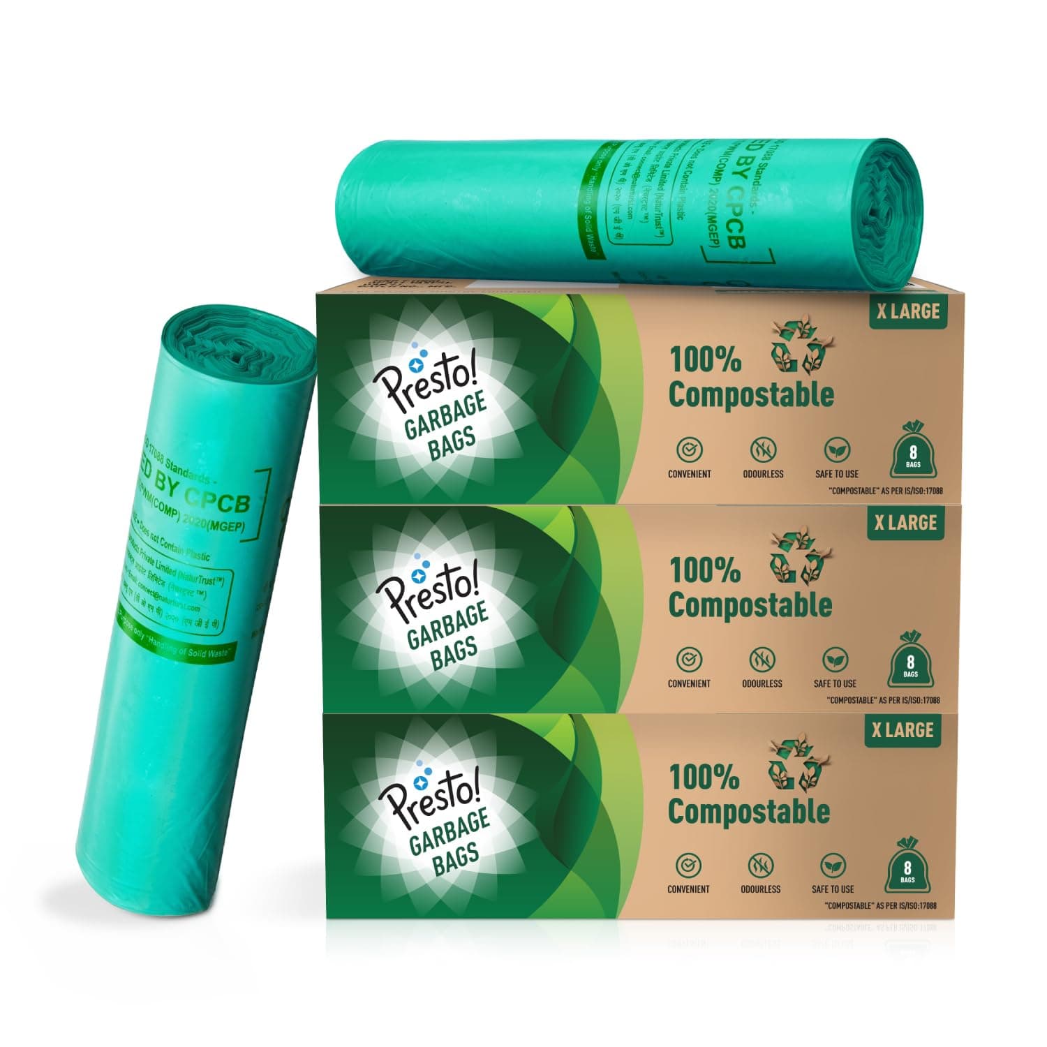Amazon Brand - Presto! 100% Compostable Garbage Bags | Extra Large (XL) | 24 Counts | 8 Bags X 3 Packs | 30 x 37 Inches | Strong and Durable | For Dry and Wet Waste | Green