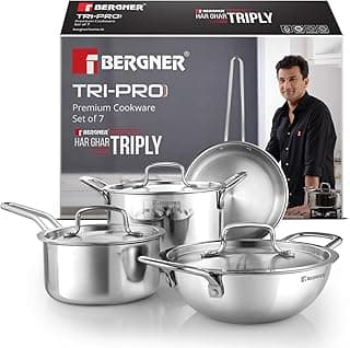Bergner TriPro Triply Stainless Steel 7 Pcs Cookware Set - 20cm (1.5L) Deep Kadai, 20cm (1.2L) Sautepan, 16cm (1.7L) Saucepan, 20cm (3L) Casserole, 3 Stainless Steel Lids - Induction and Gas Ready