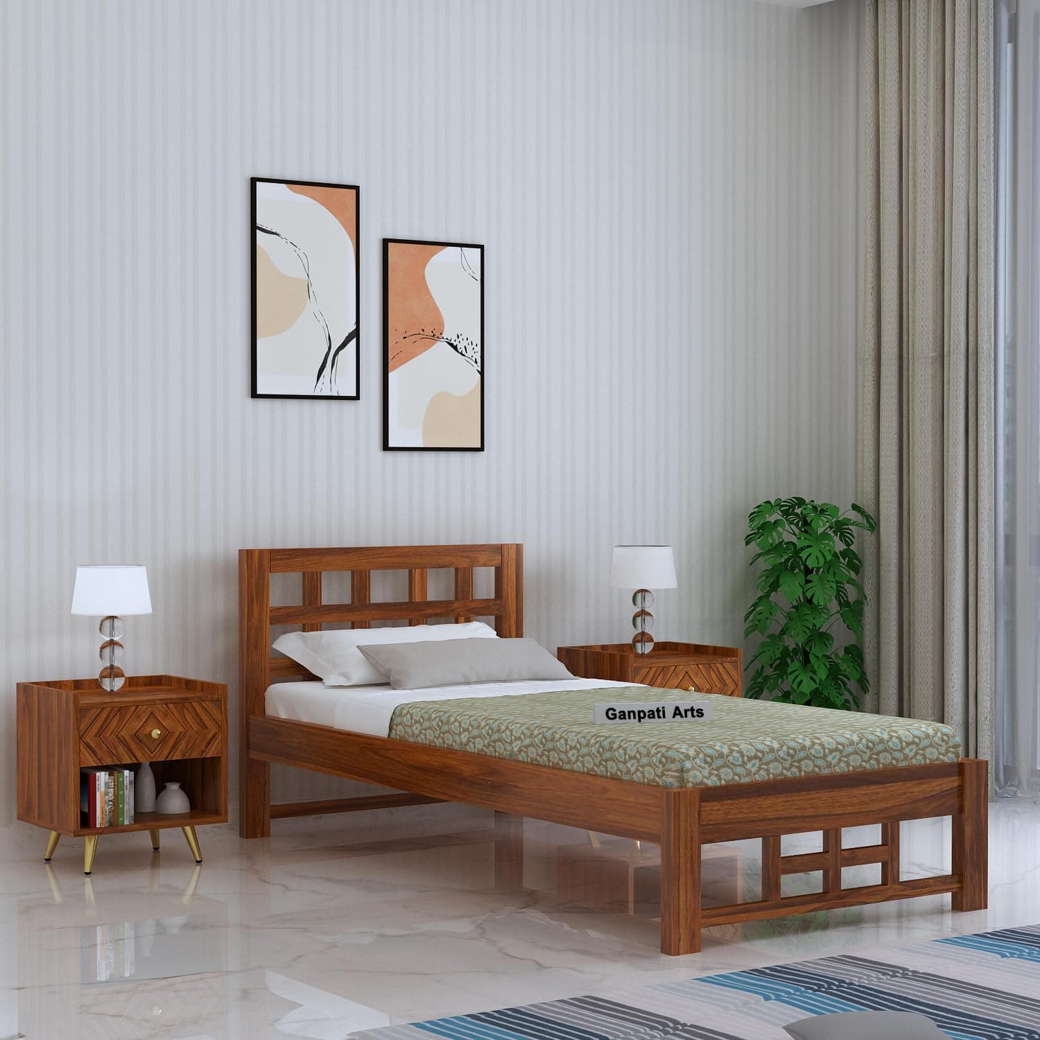 Ganpati Arts Sheesham Wood Simon Single Size Bed Wooden Furniture for Bedroom (Natural Finish)