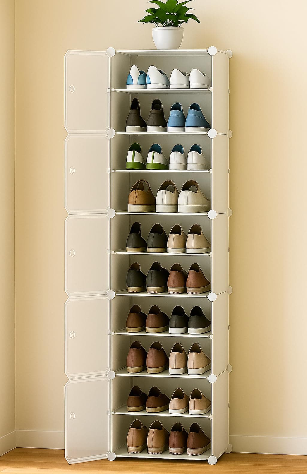 Zemic Multiuse Modular Plastic Shoe Rack for Home with Door | 𝟏𝟎 𝐒𝐡𝐞𝐥𝐟 Stackable Organizer | Waterproof & Dustproof | Space Saving Storage for Home, Bedroom & Entryway【White, 5-Door-10-Shelf】