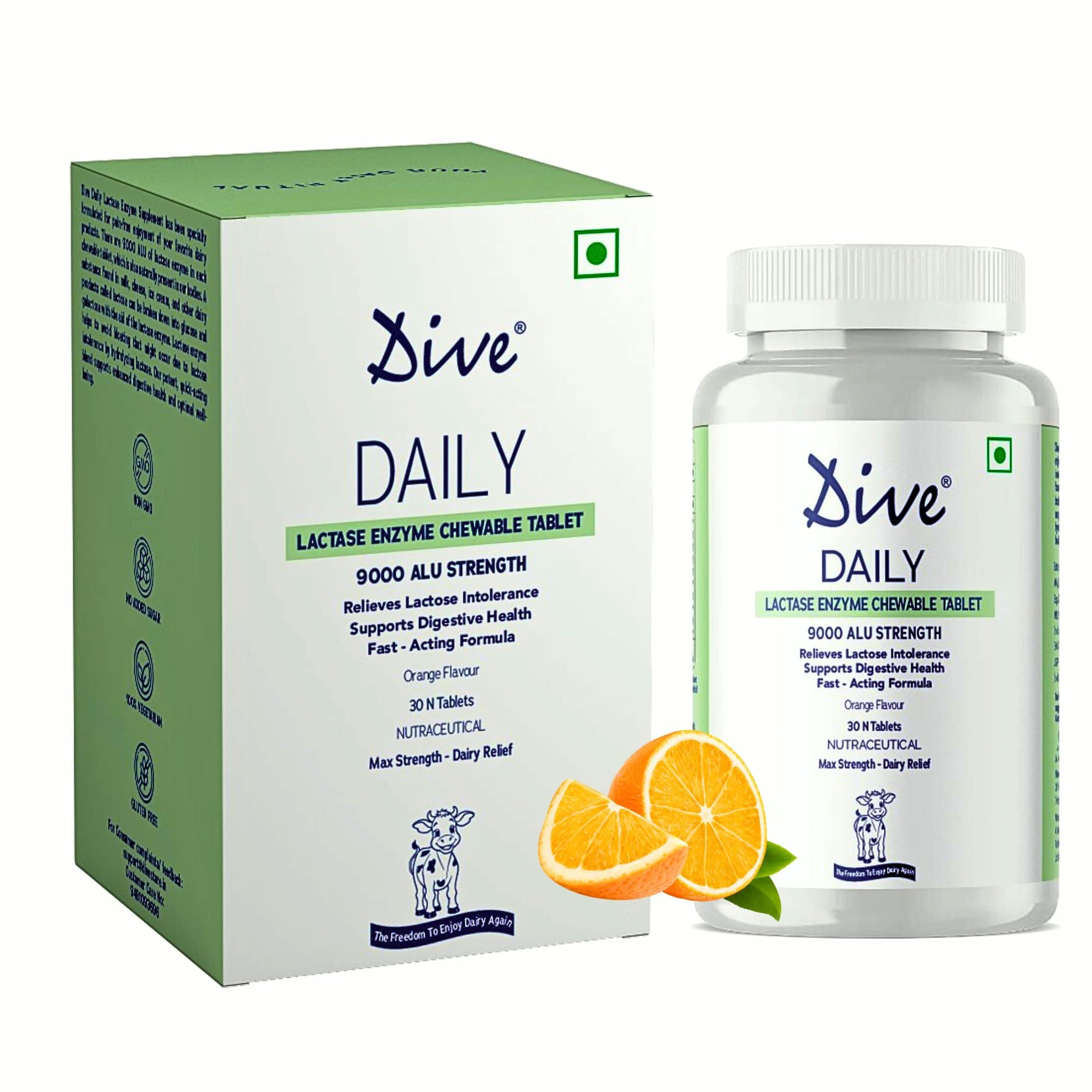 DIVE Daily Lactase Enzyme | Chewable Tablet | Dairy Relief Supplement | 9000 ALU Strength | Prevents Gas, Bloating, Diarrhea | 100% Vegetarian | Sugar-Free | Orange Flavour, 30 Count