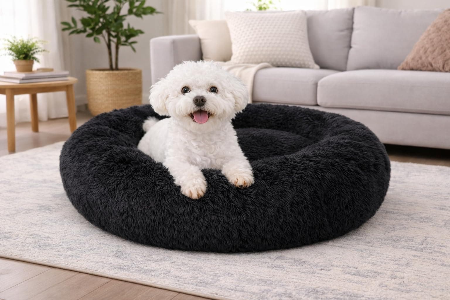 ZEXSAZONE Round Donut Pet Bed for Cats and Puppies, Dogs, Cozy and Plush, Raised Bedside Support, Both Sides Use Like 2 in One, Washable, Best for Small Pets, Puppy & Cat - 50X50X12 CM (Small Black)