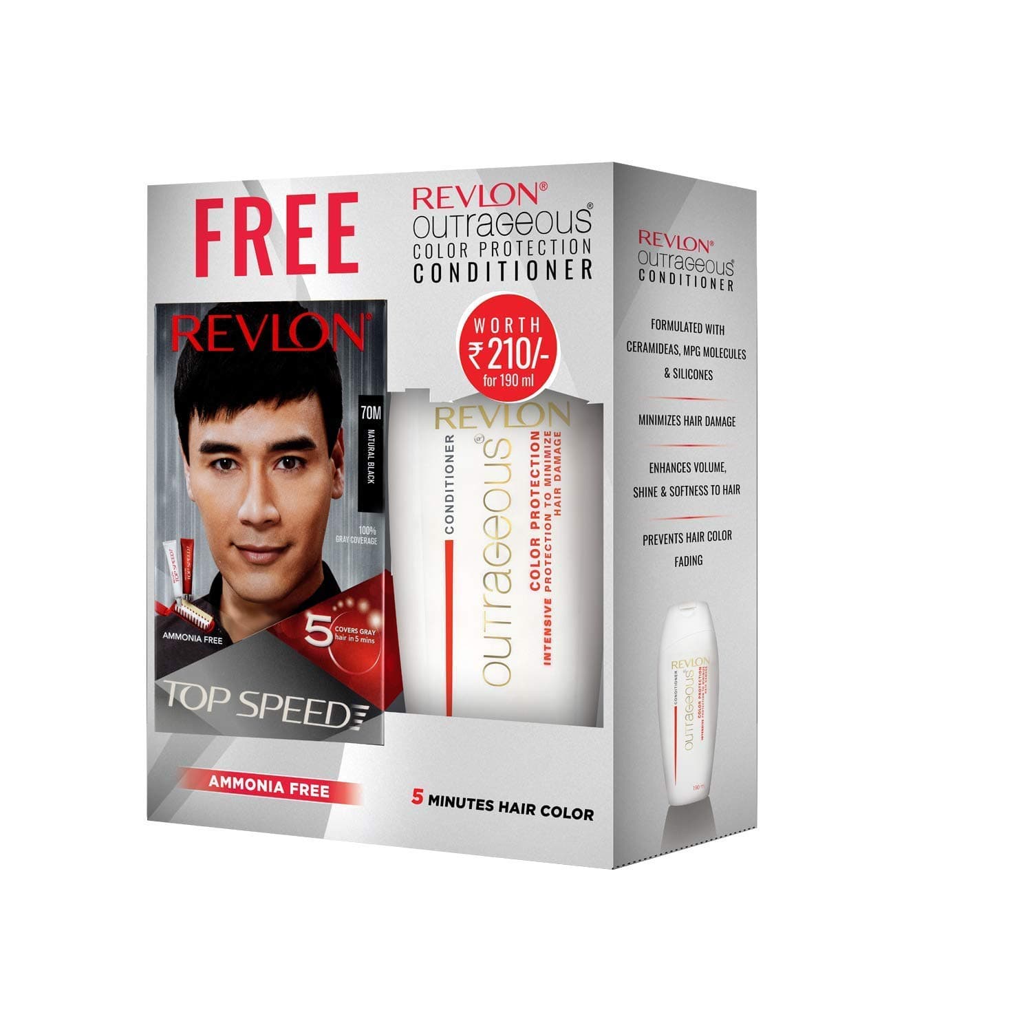 Revlon Top Speed Hair Color for Men Natural Black 70M | 100% Grey Coverage in 5 Minutes | Prevent Fading, add Volume,Softness & Shine to Hair