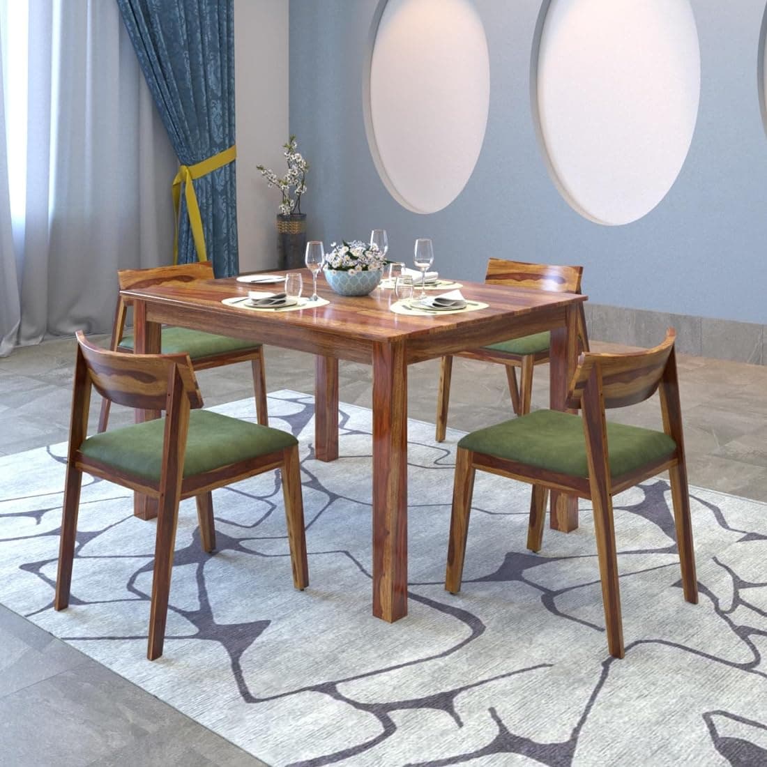 DRIFTINGWOOD Liana Dining Table 4 Seater | Four Seater Dinning Table with 4 Chairs with Green Cushions for Home | Rosewood, Natural Finish, Self Assembly(DIY)