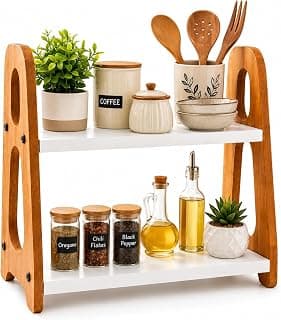 2 Tier Wooden Spice Rack Organizer for Kitchen Counter | Multipurpose Coffee Station Organizer Shelf | Countertop Storage Rack for Spices, Cups, Jars & Home Decor