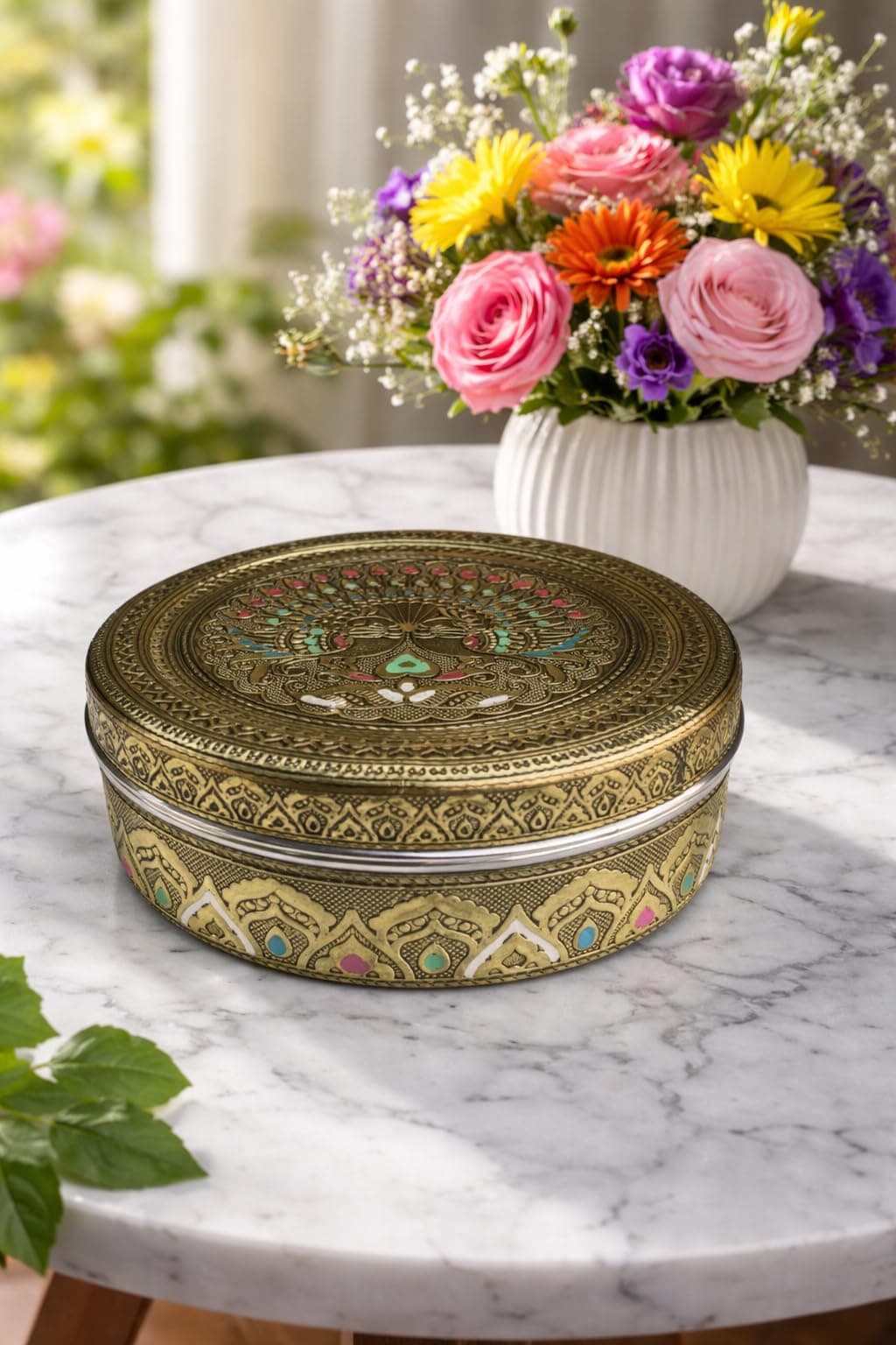 Meenakari Stainless Steel Chapati Box with Peacock Design | Round Golden Storage Dabba | Handcrafted Roti Container | Wedding Return Gift & Dry Fruit Box | 7.5x7.5x2.7 Inch | 1.3 Kg Capacity