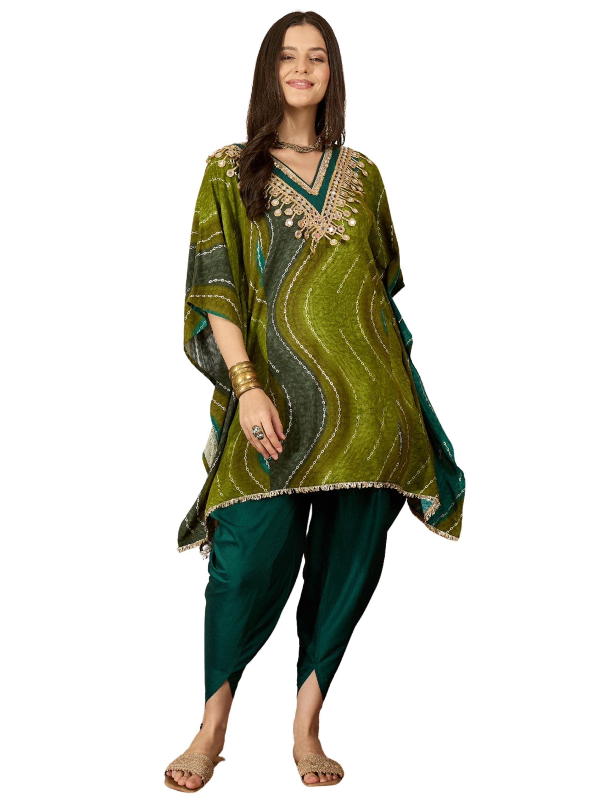 EthnicJunction Women's Viscose Rayon Leheriya Print Kaftan Kurta with Dhoti Pant Set | Wedding | Ethnic Set| Ethnic Co Ord Set for Women