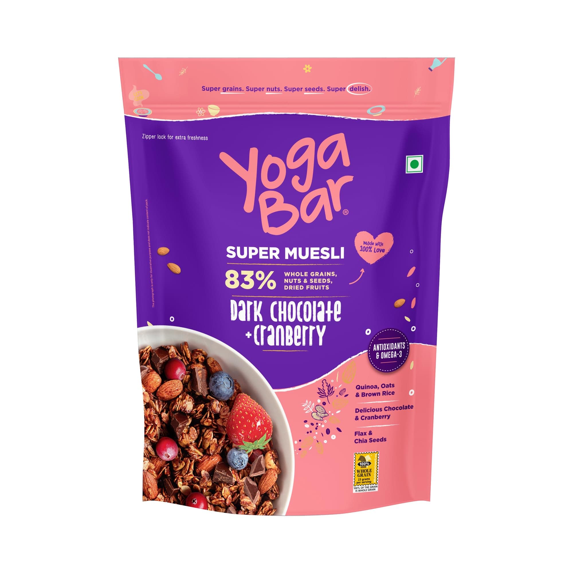 Yogabar Dark Chocolate & Cranberry Muesli with chia and flax seeds 450g - Breakfast Cereal with 83% Whole Grains, Nuts and Seeds, & Dried Fruits - Gluten Free Snack