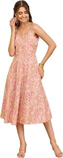 Janasya Women's Rose Pink Pure Cotton Floral Printed A-line Dress
