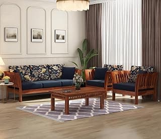 Sheesham Wood 5 Seater Sofa Set For Living Room Home Office | 3+1+1 Solid Wood Sofa Set Furniture | Wooden Sofa Set 5 Seater, Honey Finish, Brown