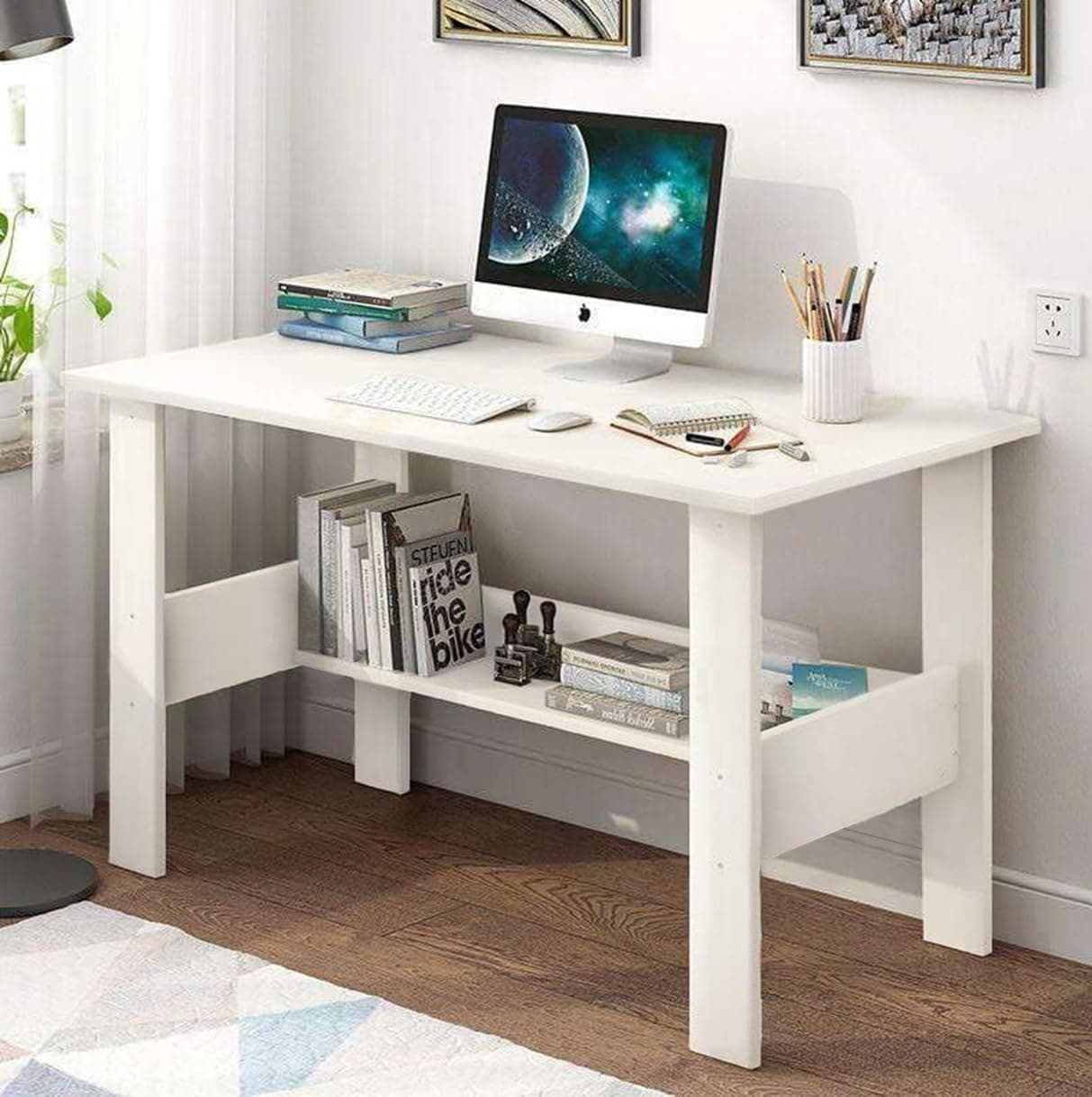 Anikaa Engineered Wood Computer Desk with One Tier Shelves Laptop Study Table for Office Home Workstation Writing Modern Desk (White, D.I.Y)