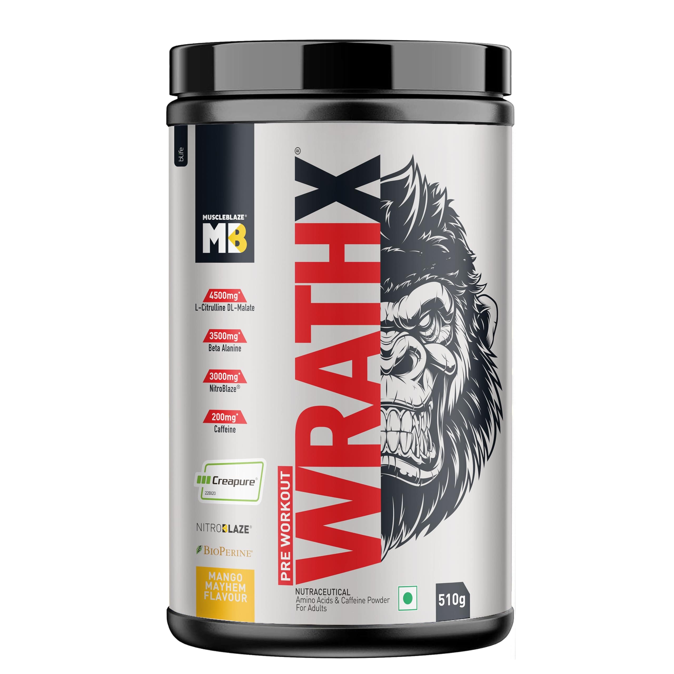 MuscleBlaze Pre Workout WrathX Powder, Mango Mayhem (30 Servings, 510g) | With Creapure, NitroBlaze & BioPerine