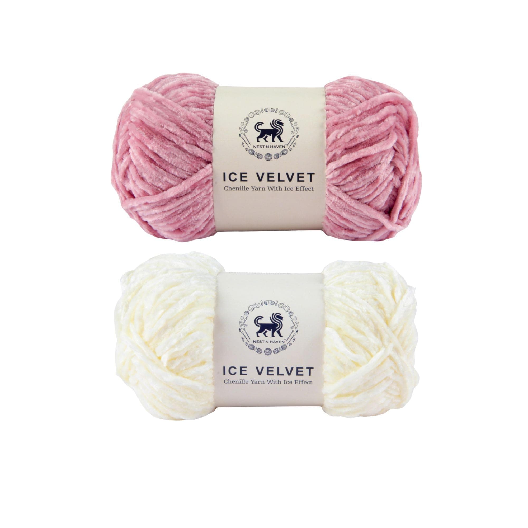 NESTNHAVEN Ice Velvet Chenille Yarn Combo Pack (100g Each) - Baby Pink (NNHIV) & Off-White (NNHIV), Ideal for Babywear, Baby Blankets, Crafts, and More (4 Medium Weight Balls)