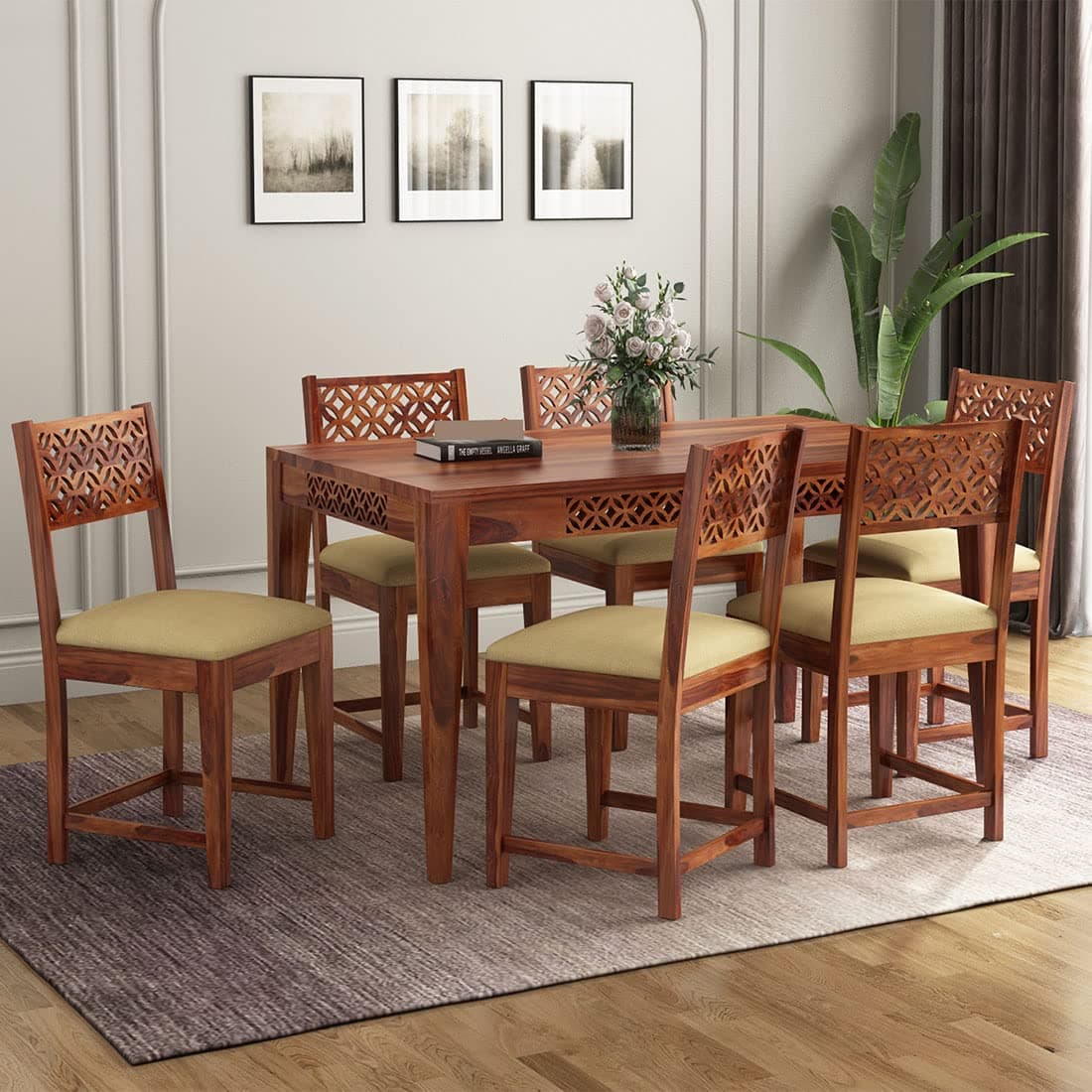 KENDALWOOD™ Furniture | CNC Cutting Solid Wood Solid Wood 6 Seater Dining Set |1 Year Warranty | Wooden Dining Table with Chair (Honey Teak Finish with Cream Cushions) -DIY(Do-It-Yourself)