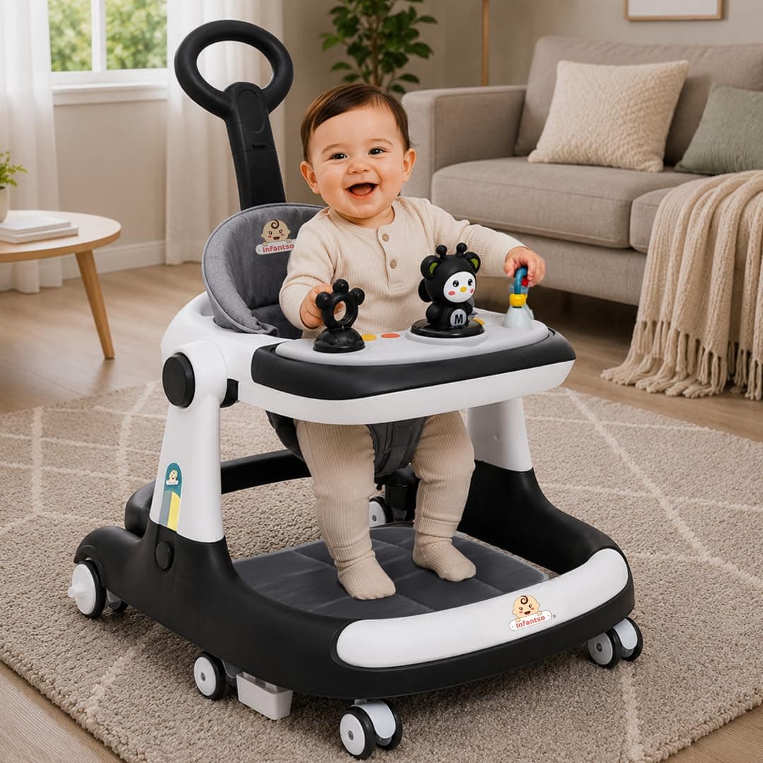 Infantso TEDDY STEADY (4-in-1) Premium Baby Push Walker, Bouncer, Feeding & Toy Tray|Baby Walkers 6-24 Month Boy & Girl / 360° Walker for Kids 1 Years with Multi Adjustable Height/Baby Activity Walker