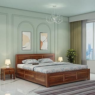 WOODLAB Furniture Solid Sheesham Wood Queen Size Bed with Box Storage for Bedroom Wooden Double Beds Living Room-(Honey Finish)