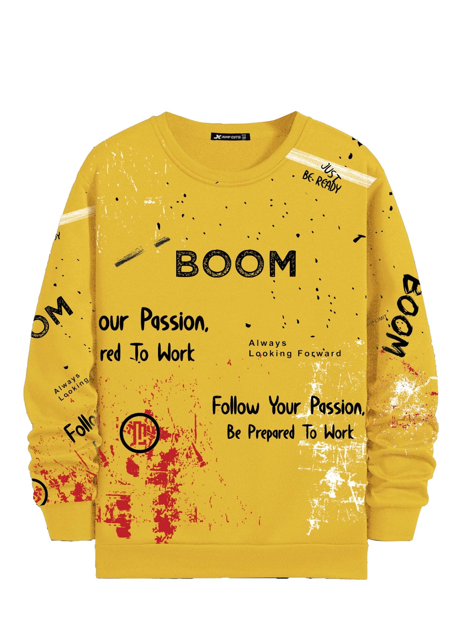 Jump Cuts Mens Printed Round Neck Full Sleeve Yellow and Black Cotton Slim Fit T-Shirt