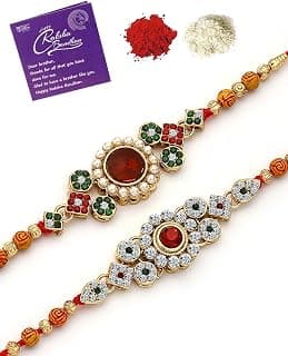 Sukkhi Rakhi Trendy Floral Design Gold Plated AD Stones & Pearls Combo Rakhi for Brother With Roli Chawal & Greeting Card| Set of 2|CBRAK107443