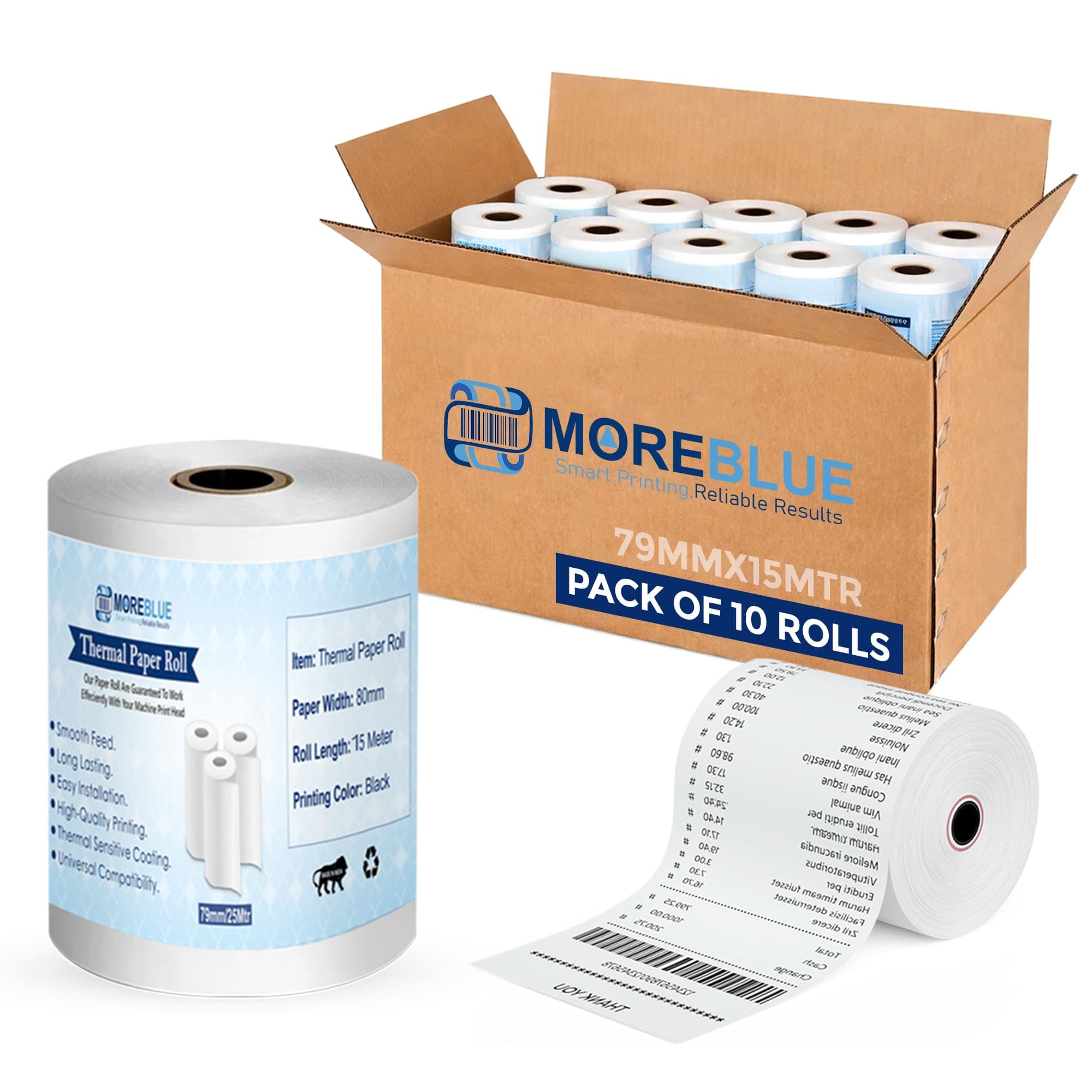 MOREBLUE® Credit Card, Food Bills Direct Thermal Receipt Paper Roll, Pack of 10 79mm(3 inch) x 15 Meter, Ink Free Print for POS, Credit Card Machines, & Petrol Pumps
