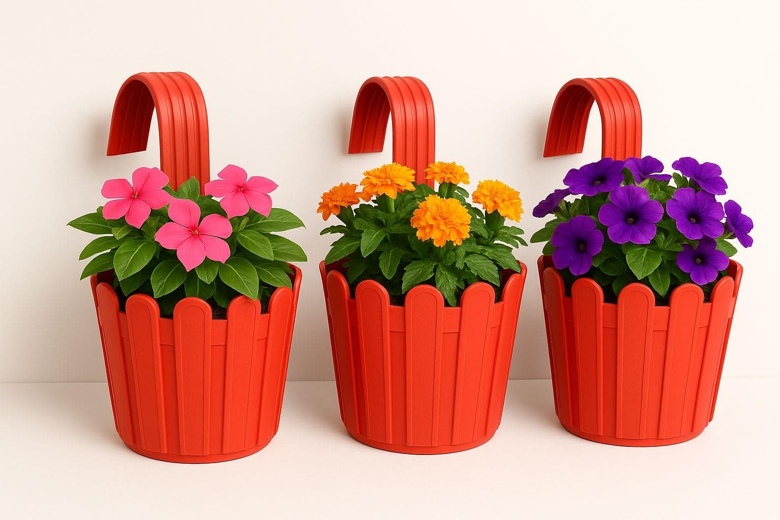 KORREL SEEDS Premium Railing Planter with Hook – Durable Plastic Hanging Flower Pot for Balcony, Fence Design Gamla for Indoor/Outdoor Plants, Herbs & Creepers (Pack of 3) (3, Red)