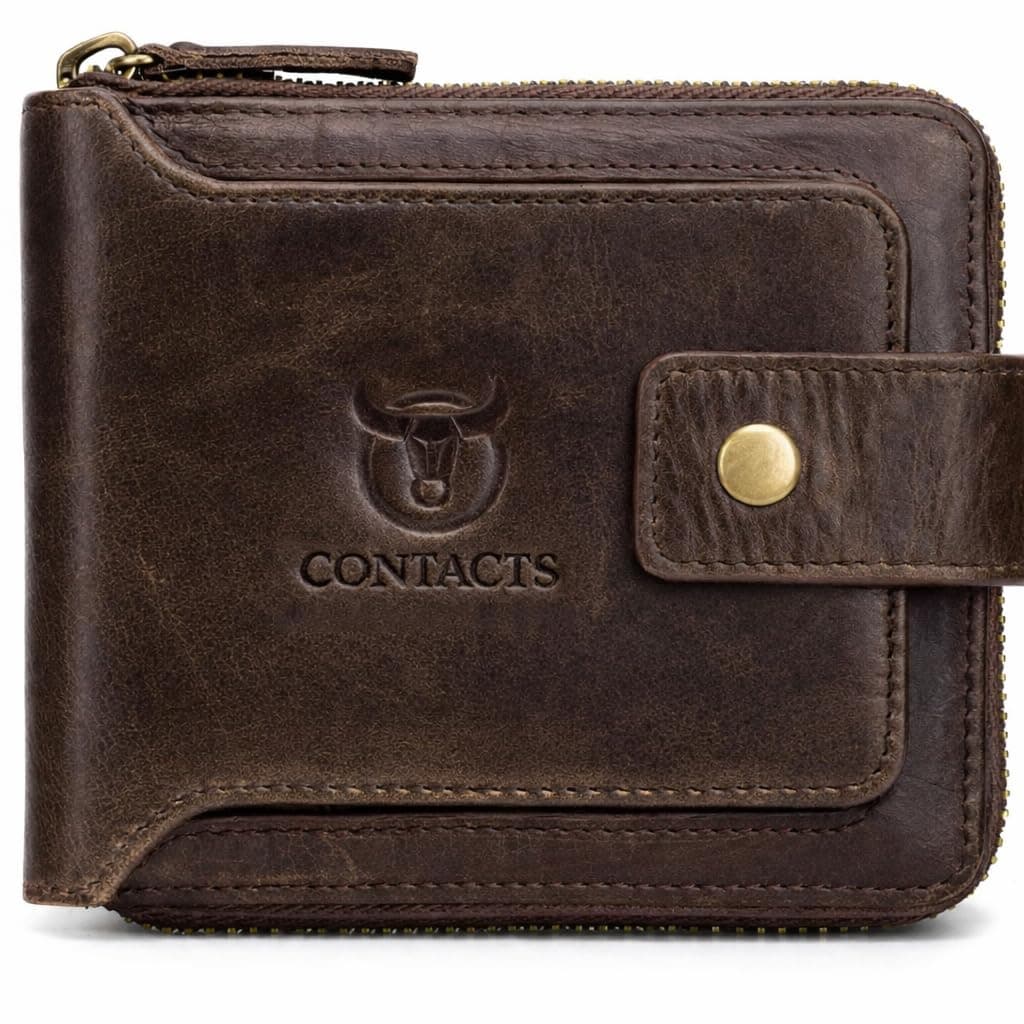 Contacts Men's Genuine Leather Wallet | RFID Blocking Zip Around Bifold Wallet for Men | Up to 11 Card Slots Including 1 ID Window and 2 Bill compartments (Brown)