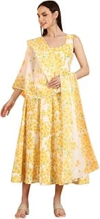 W for Woman and Yellow Floral Printed Pure Cotton Shoulder Strap Anarkali Kurta and Dupatta Set