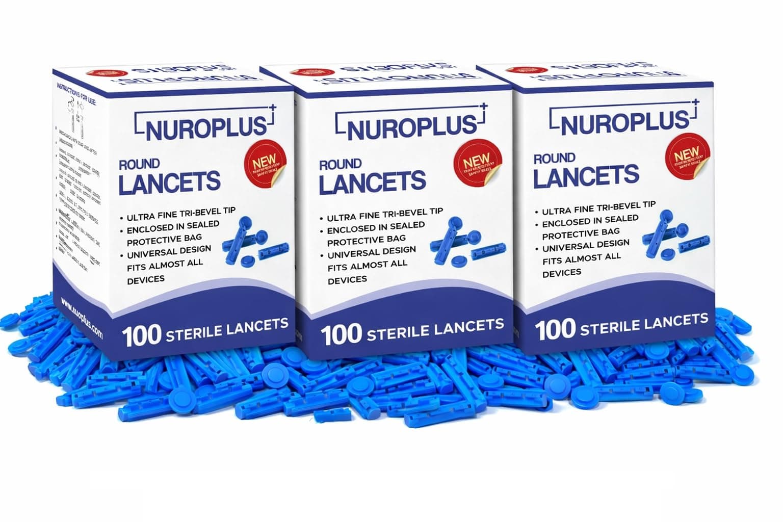 Nuroplus Premium Glucometer Round Blood Lancets 300 Pcs (100 x 3 Box) | Ultra Fine Sterile Needle, Painless Pricking, Universal Fit for Lancing Devices, Blue Colour
